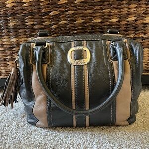 Brighton Maude Bowler Bag Leather Tasseled Two Toned Purse Handbag Black Tan